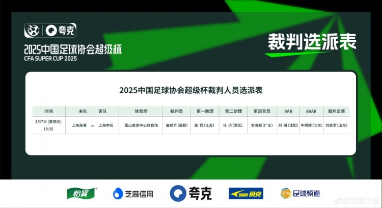  超級杯海港vs申花裁判員名單：主裁判唐順齊，VAR劉威