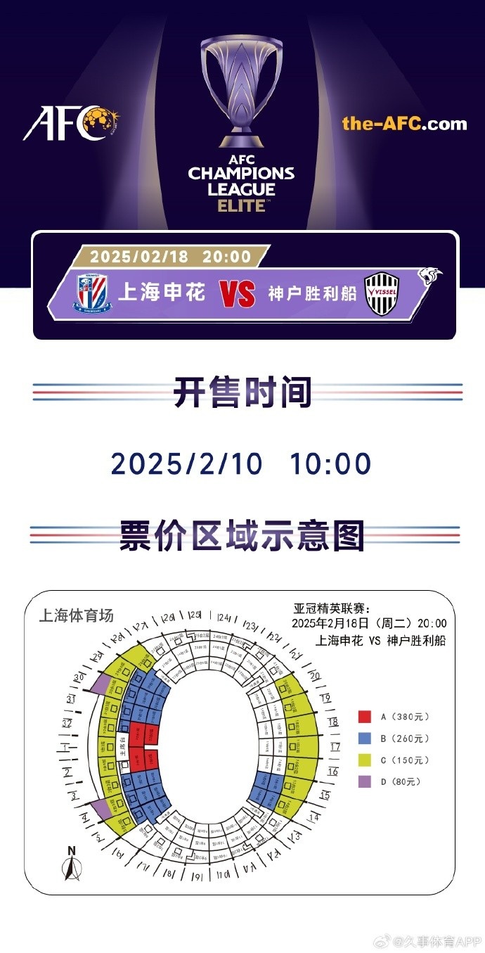  上海申花vs神戶勝利船票務方案：明日開售，票價區(qū)間80元-380元
