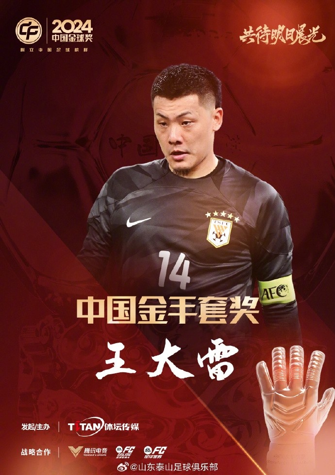  王大雷榮獲中國金手套獎，謝文能入選中國金球獎候選人前三名