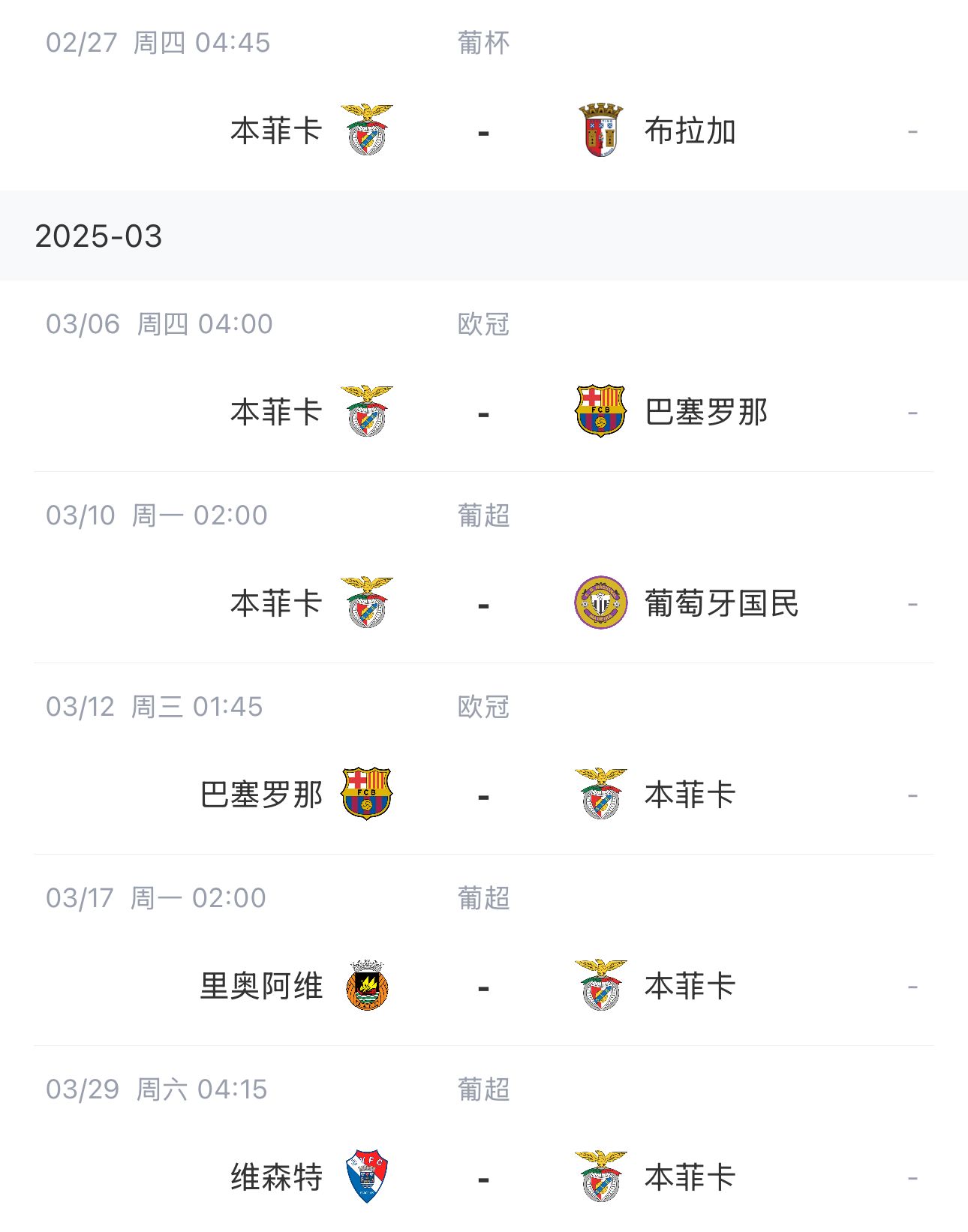  讓路歐冠！本菲卡戰(zhàn)巴薩首回合比賽前的葡超比賽推遲進(jìn)行