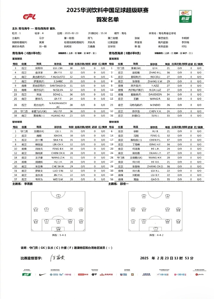  中超首輪|海牛vs西海岸首發(fā)：5外援PK5外援！宋龍先發(fā) 張修維出戰(zhàn)