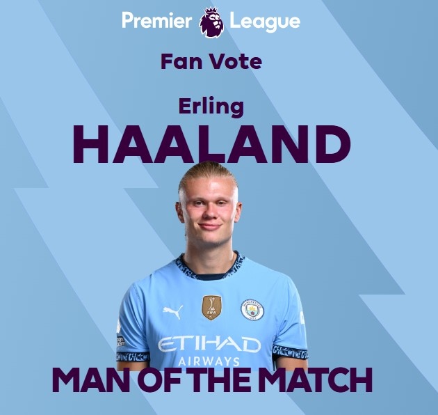 打進(jìn)致勝球！英超官方：哈蘭德當(dāng)選曼城1-0熱刺全場最佳球員