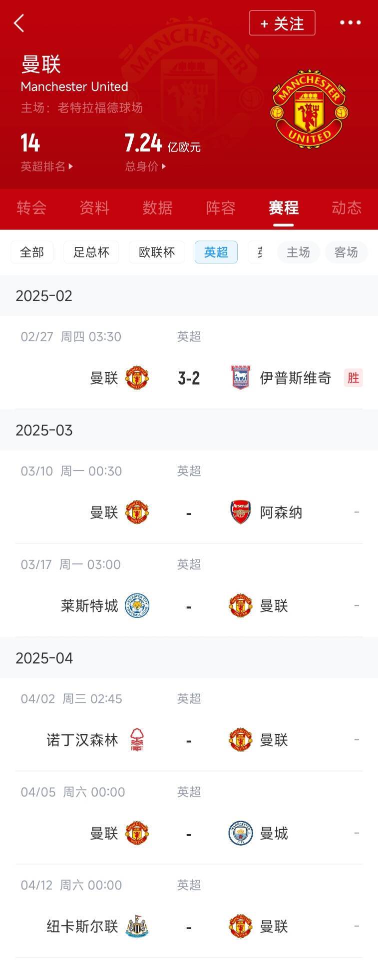  藍狐救一下？曼聯(lián)未來5輪將遭遇英超2/3/4/6名：槍手森林曼城紐卡
